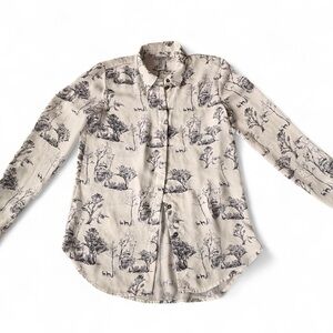 H&M Beige Button-Down Shirt with Black Scenic Print